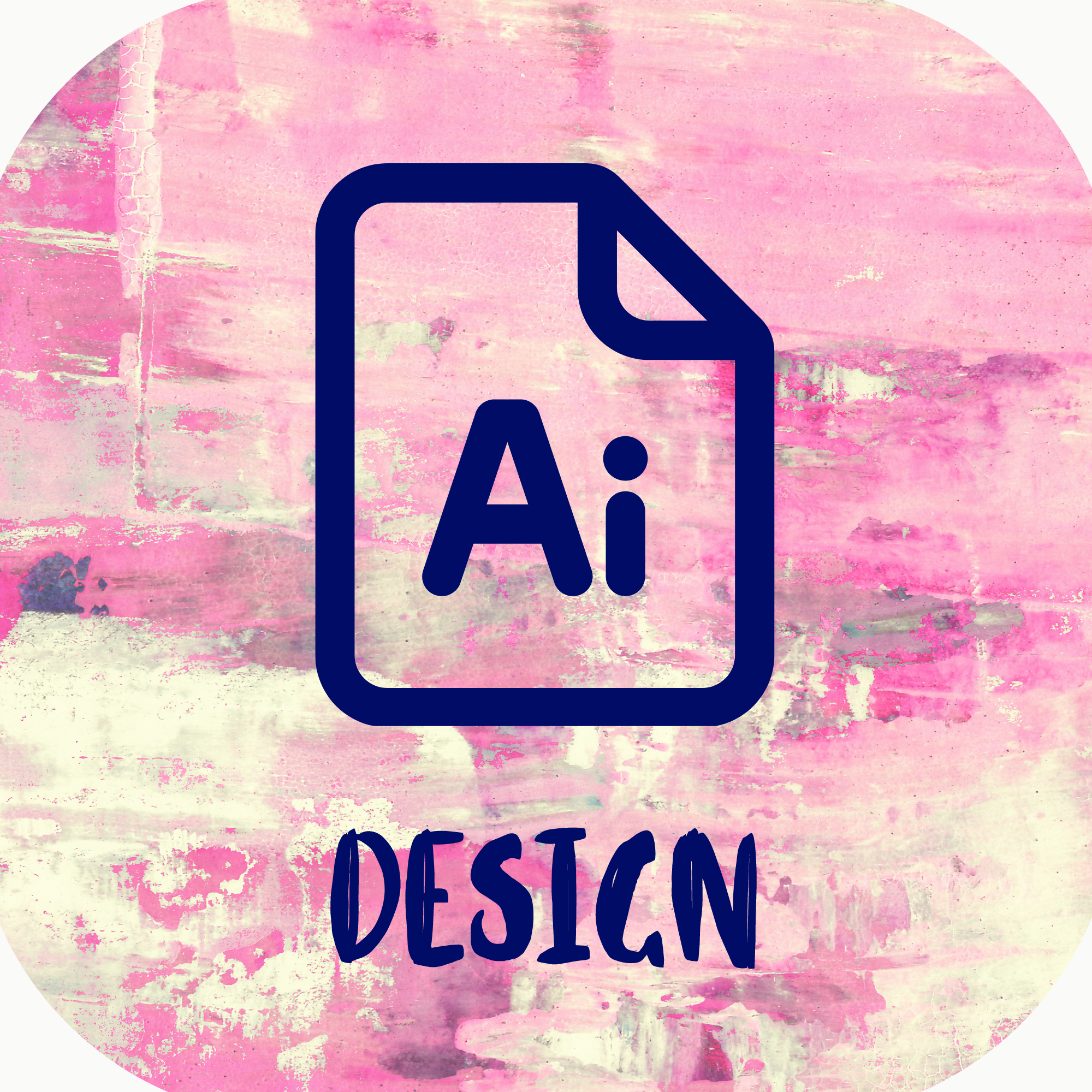 Design icon with a pink, beige, and navy blue paint brushed background and the Adobe Indesign logo inside reading Design below the icon. The icon leads users to Ava's design portfolio