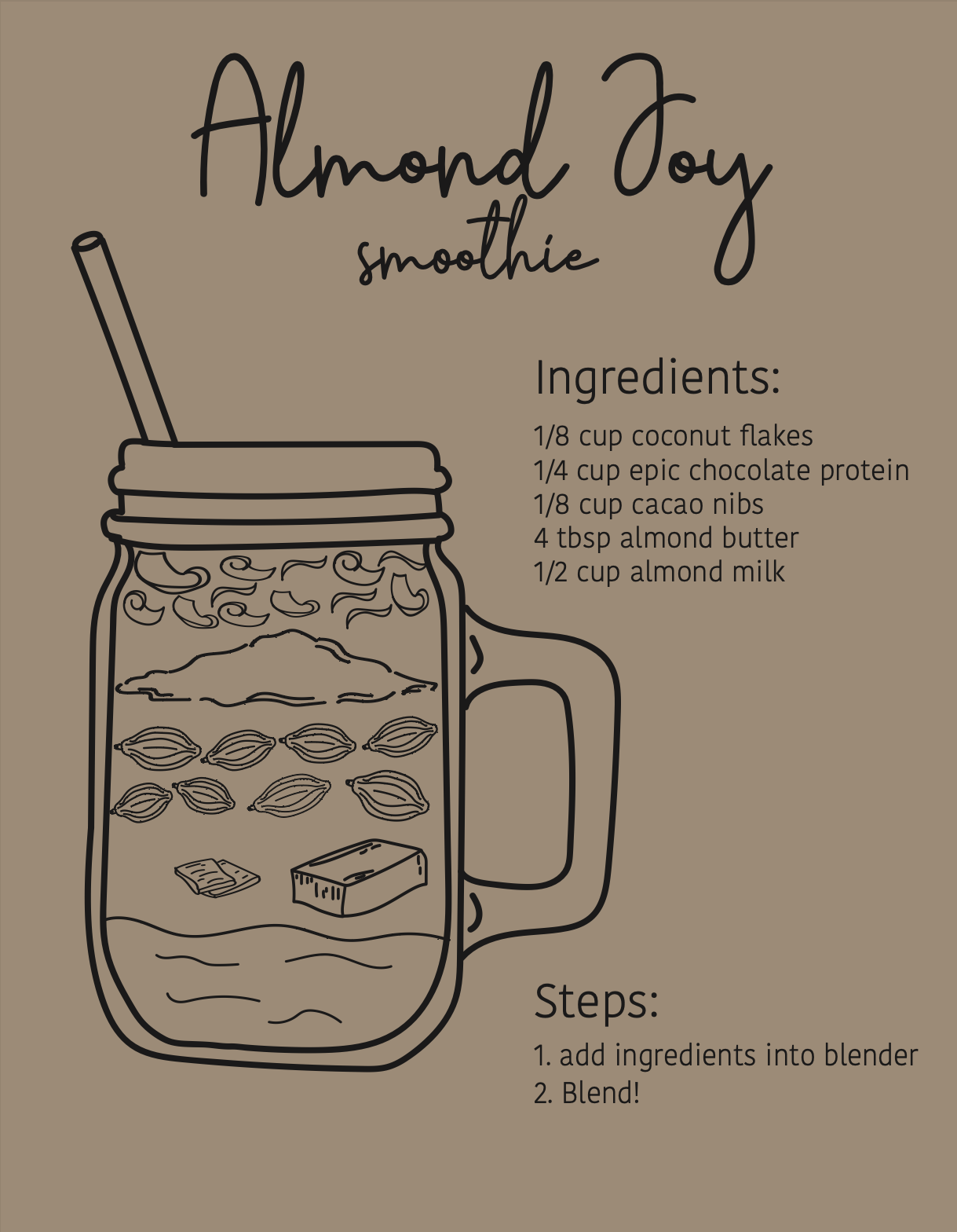 Recipe labled Almond Joy Smoothie at the top in handwriting letters. The background is brown and there is a graphic of a mason jar with a straw showing all the ingredients inside. The ingredients pictured and listed on the recipe are 1/8 cup of coconut flakes, 1/4 cup of epic chocolate protein, 1/8 cup of cacao nibs, 4 tbsp of almond butter and 1/2 cup of almond milk. The steps say to first add the ingredients to a blender and blend!